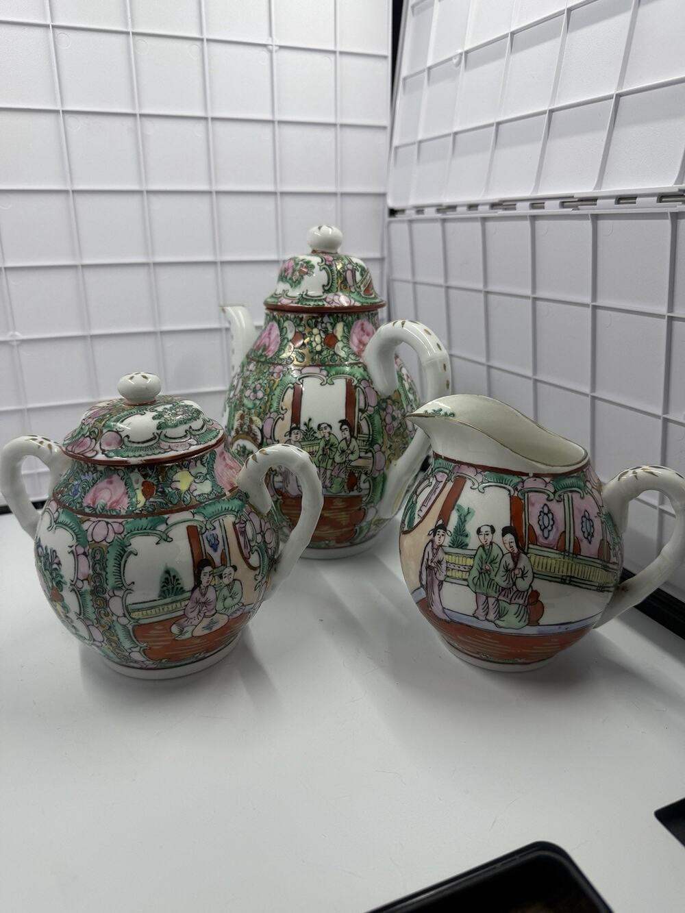 Antique Chinese Famille Rose Medallion Porcelain Tea Set; Teapot, Sugar, Creamer